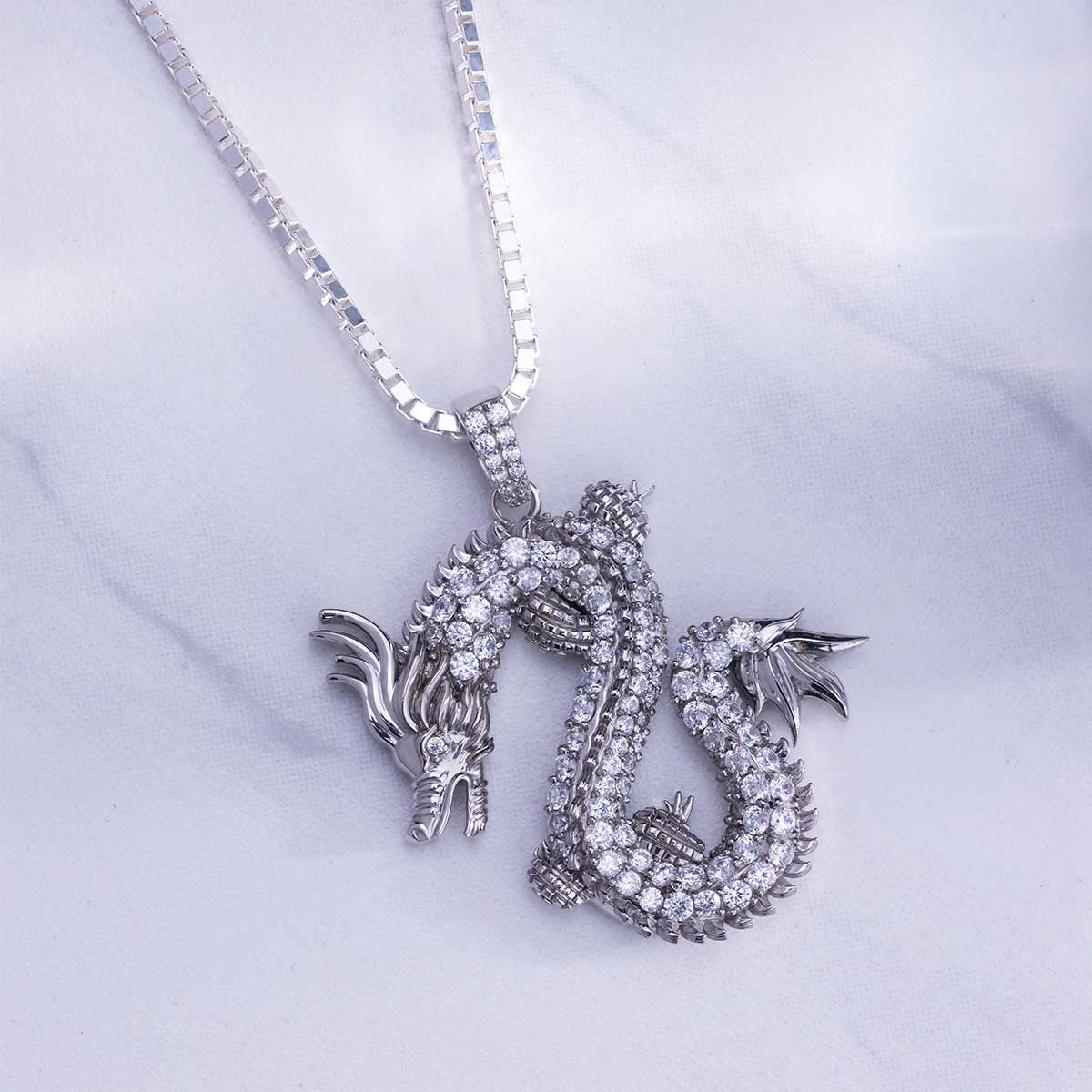 Chinese Dragon Pendant Necklace Iced Out 925 Sterling Silver