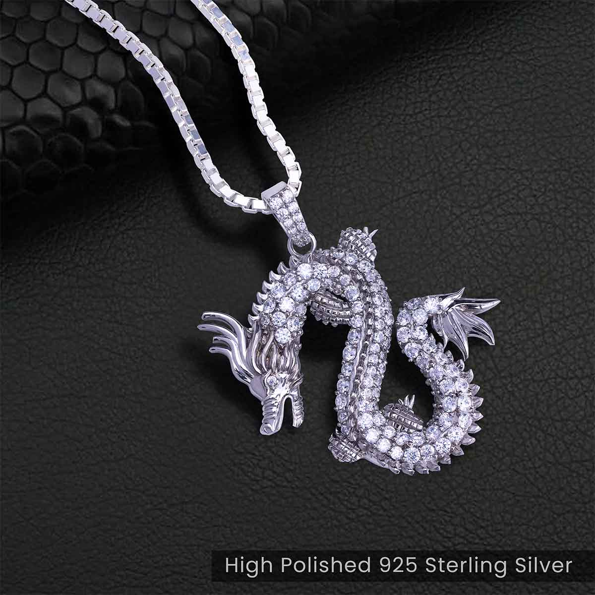 Chinese Dragon Pendant Necklace Iced Out 925 Sterling Silver