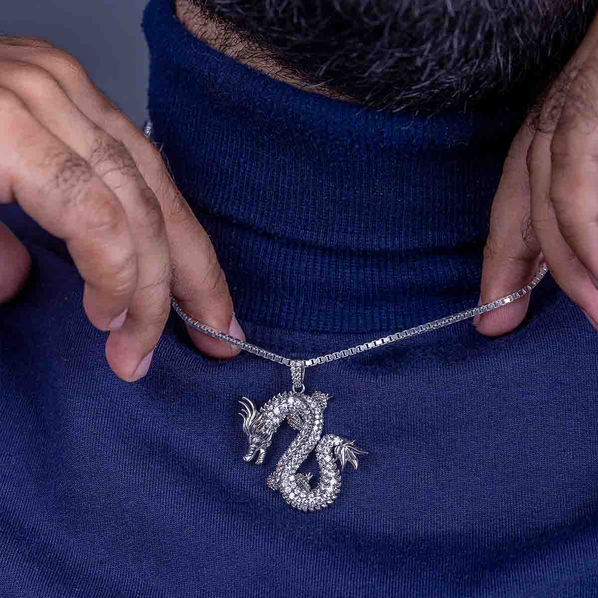 Chinese Dragon Pendant Necklace Iced Out 925 Sterling Silver