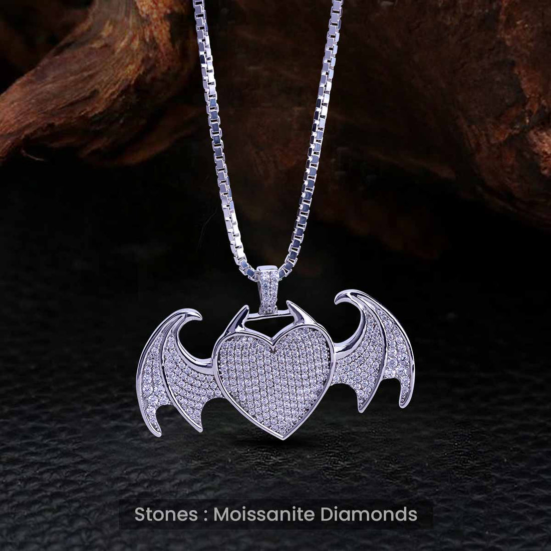 Moissanite Iced Out Heart with Dragon Wings Pendant Necklace Hip Hop Jewelry