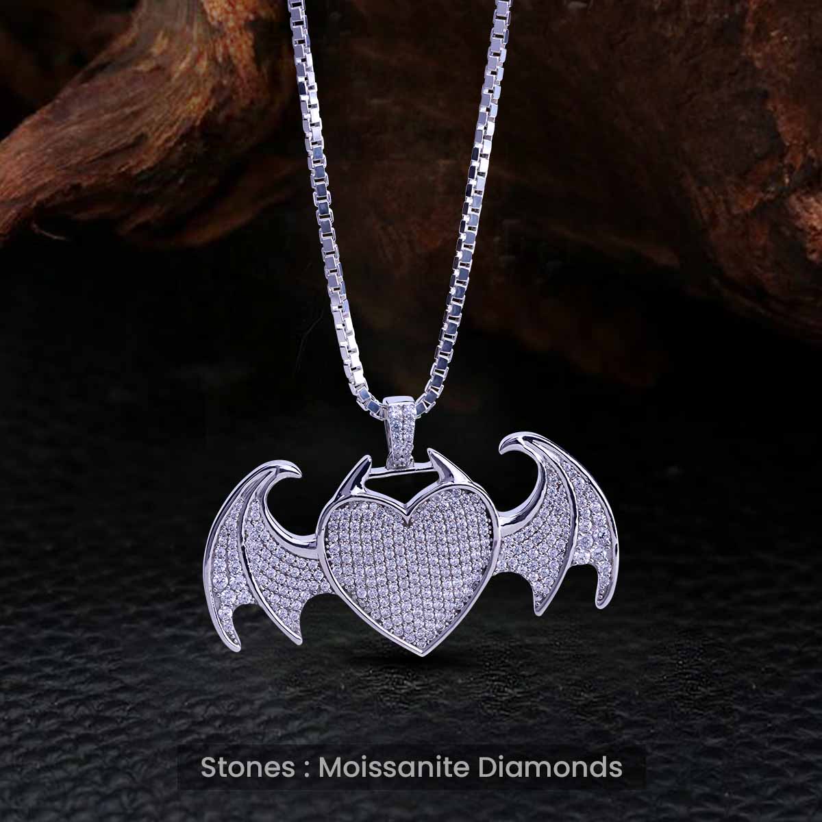 Moissanite Iced Out Heart with Dragon Wings Pendant Necklace Hip Hop Jewelry
