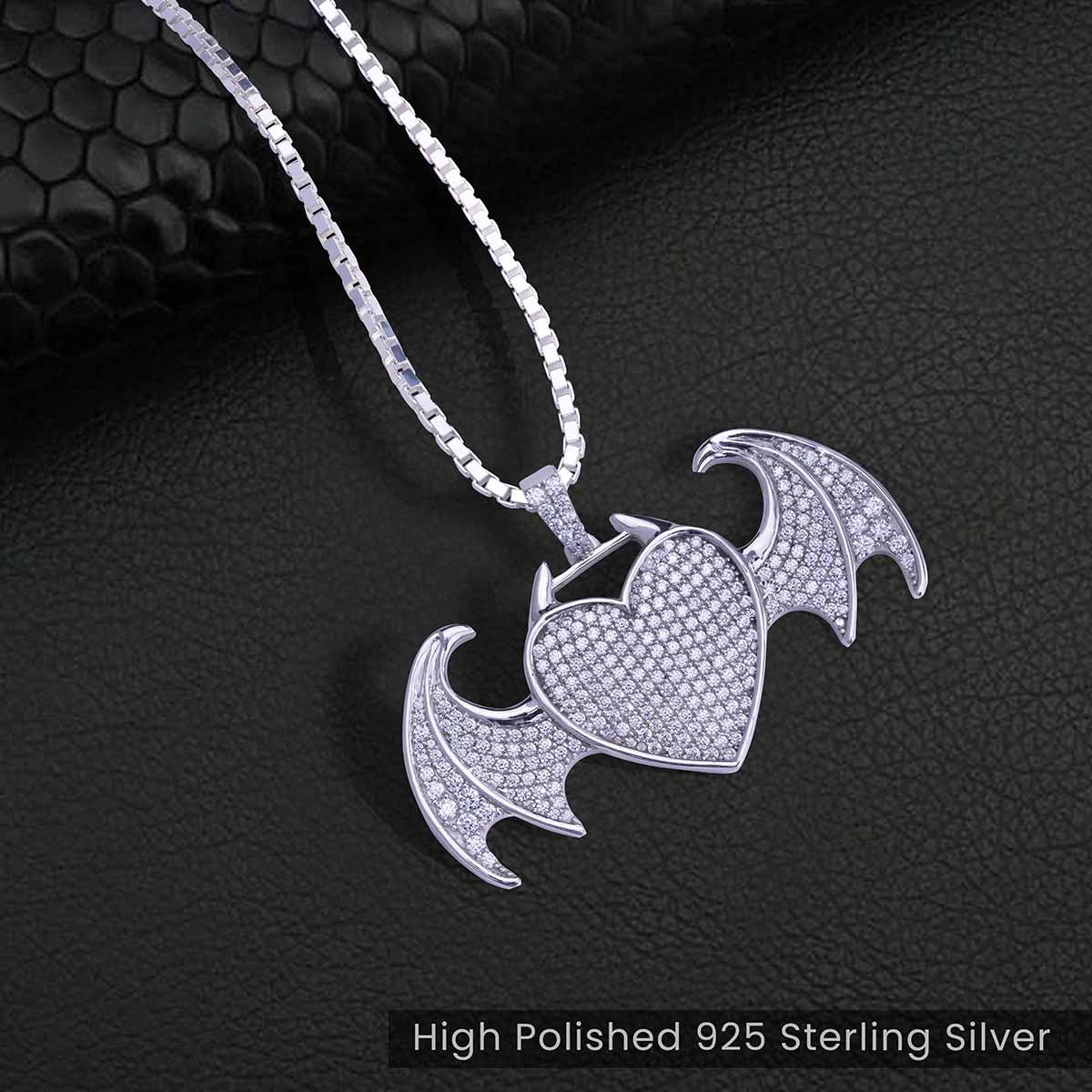 Heart with Dragon Wings Necklace Iced Out Hip Hop Pendant