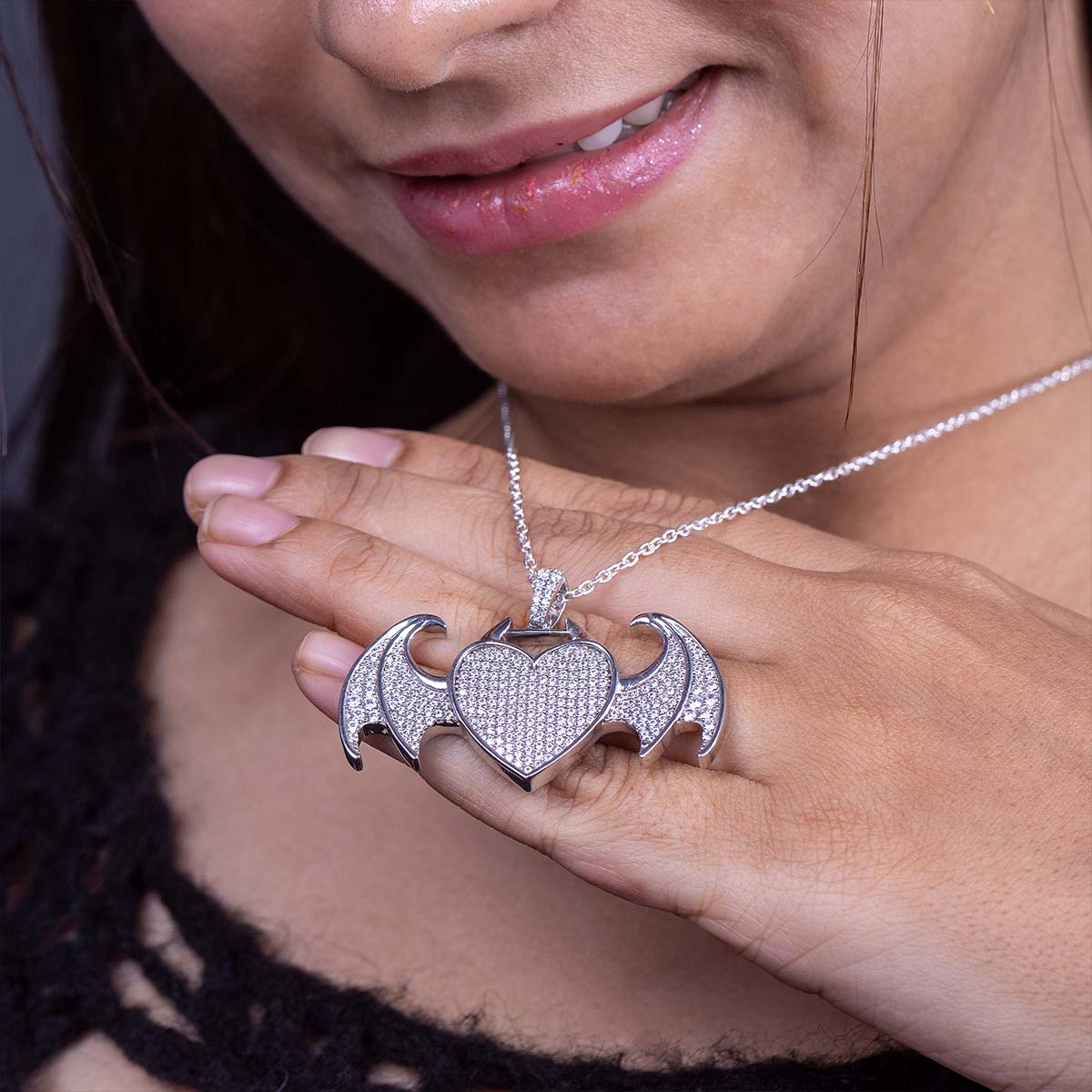 Heart with Dragon Wings Necklace Iced Out Hip Hop Pendant