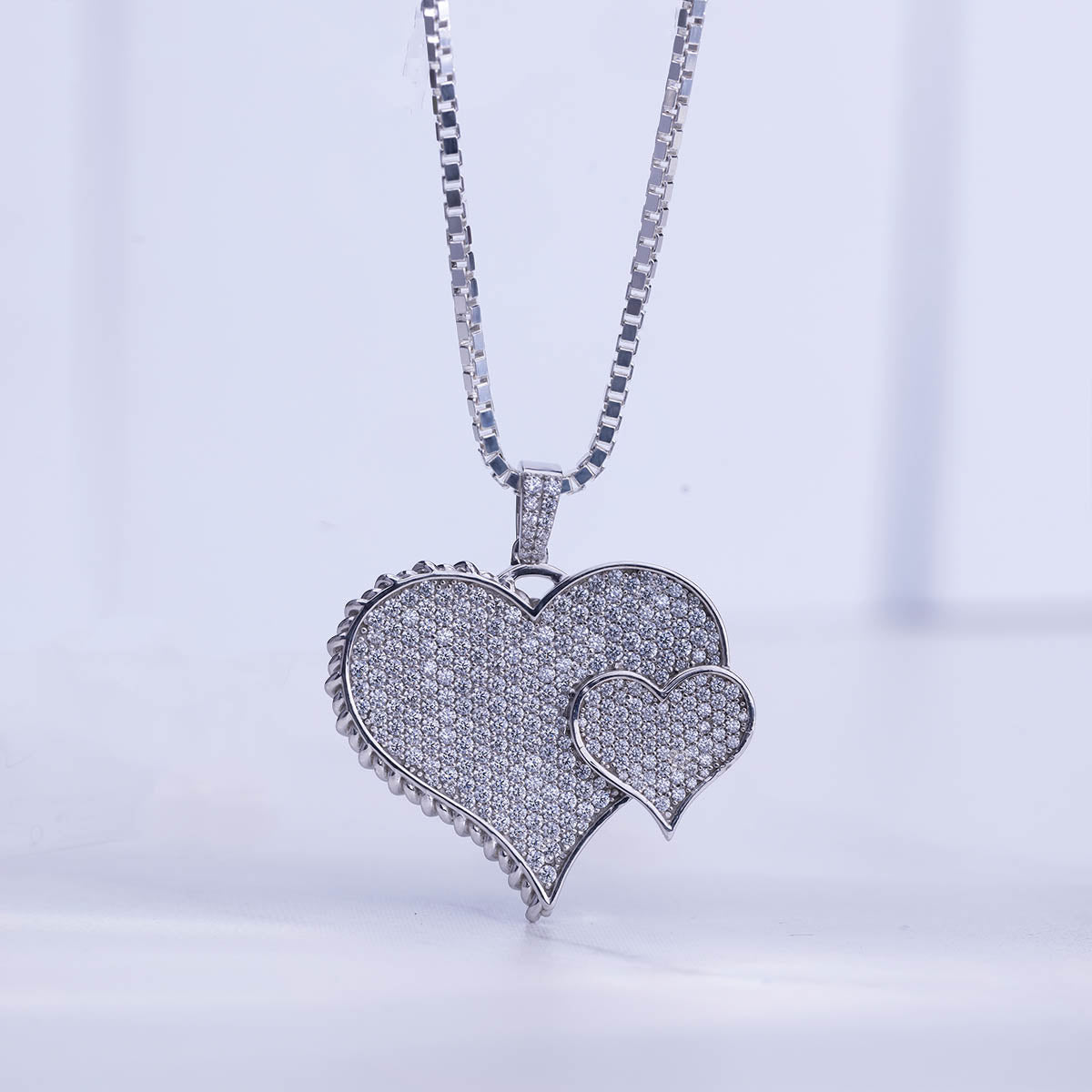 Iced Out Double Heart Necklace for Women Silver Heart Pendant