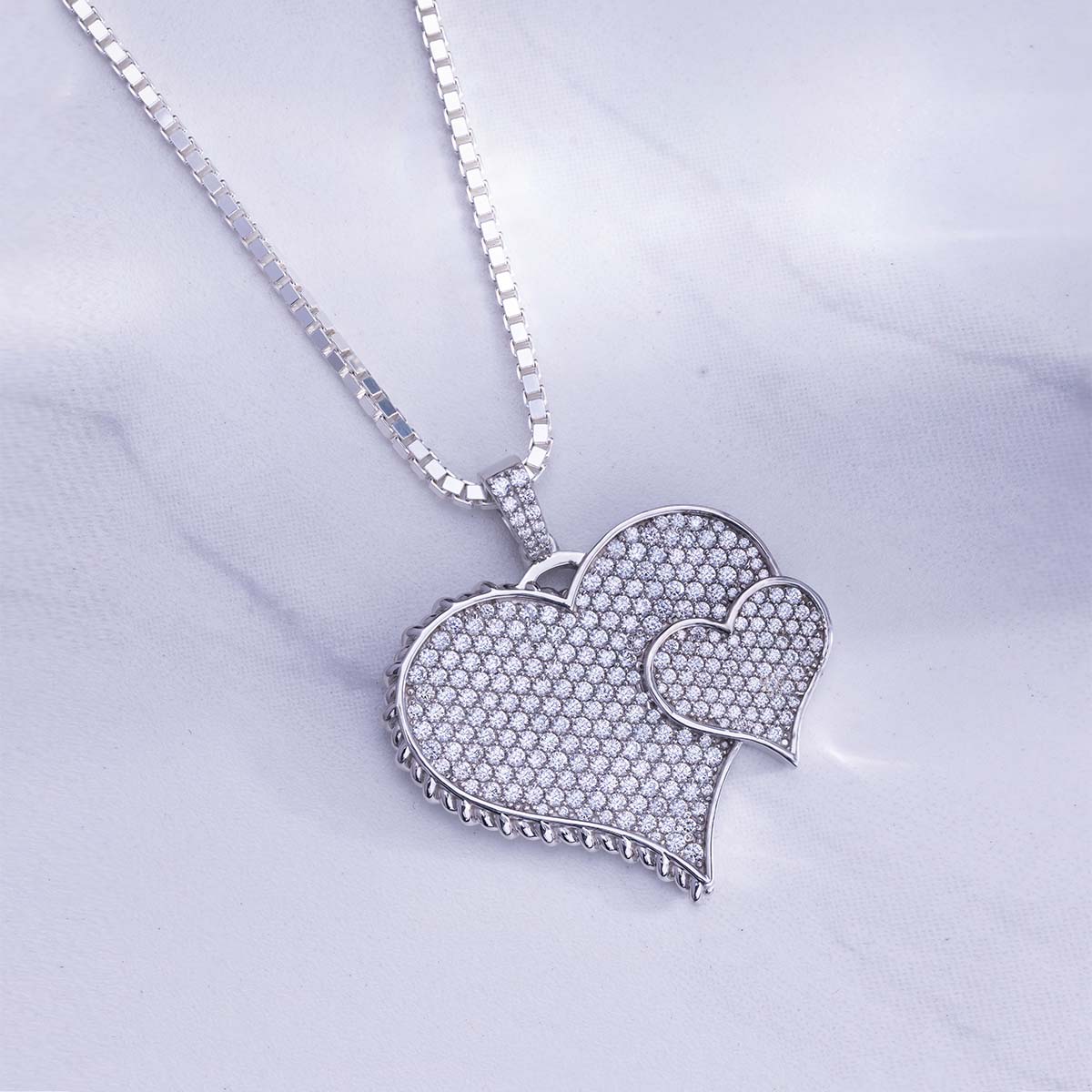 Iced Out Double Heart Necklace for Women Silver Heart Pendant