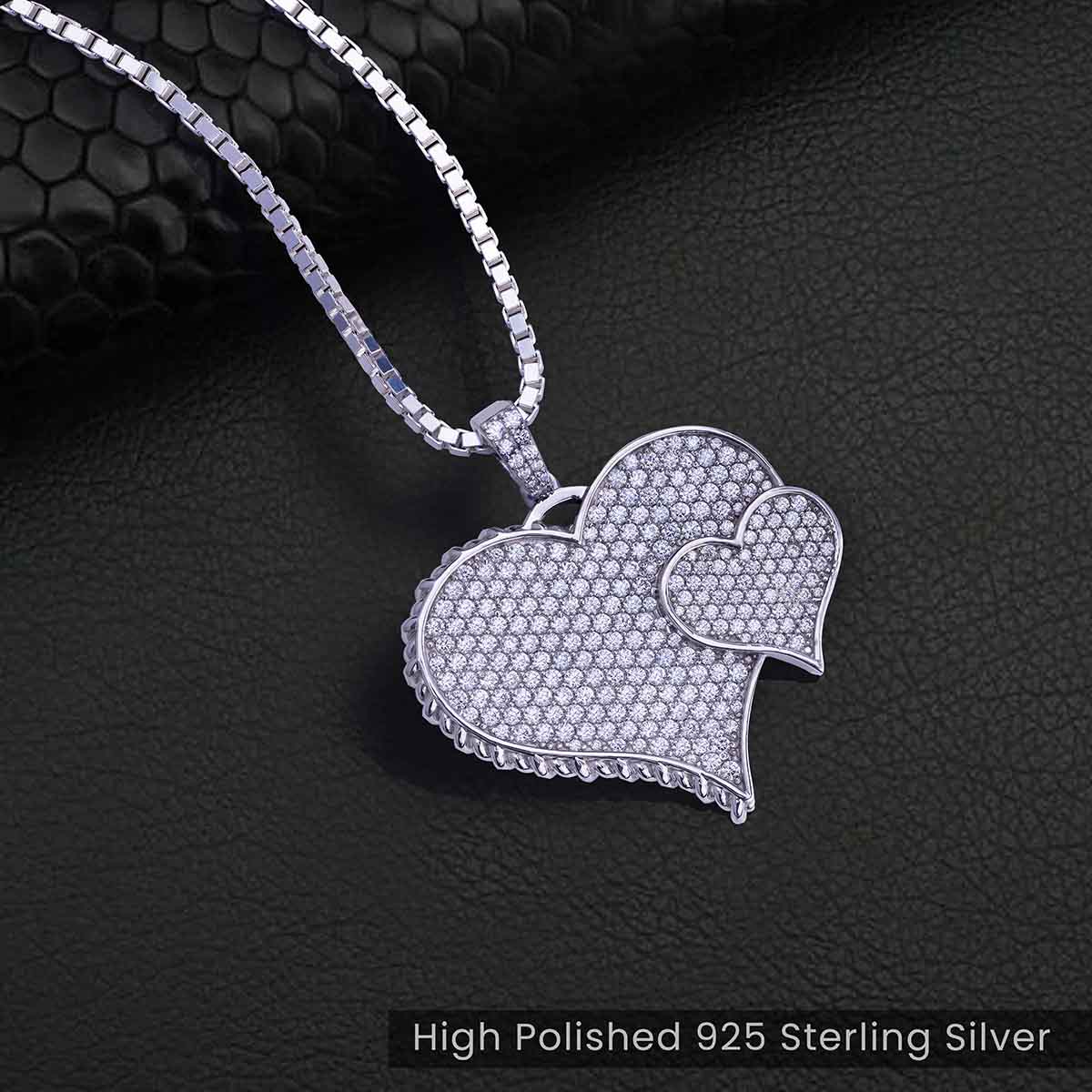 Iced Out Double Heart Necklace for Women Silver Heart Pendant