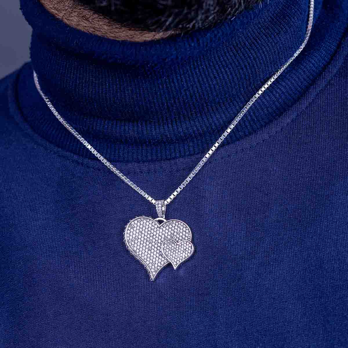 Iced Out Double Heart Necklace for Women Silver Heart Pendant