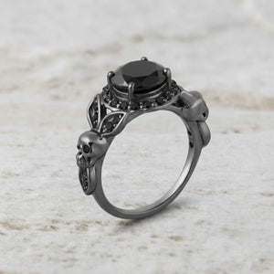 Skull Gothic Promise Ring 1.65TCW Black Onyx Halo Gun Metal