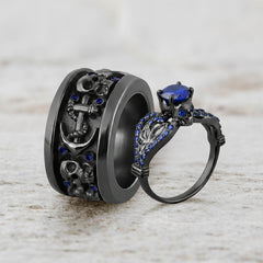 Sapphire Skull Promise Ring Set His and Her Couple Rings Silver