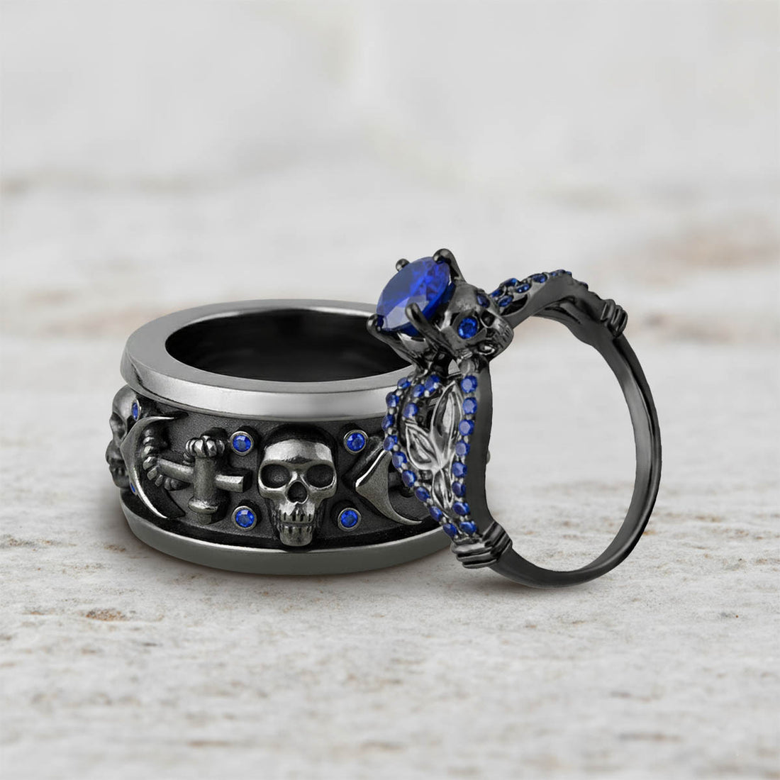 Sapphire Skull Promise Ring Set