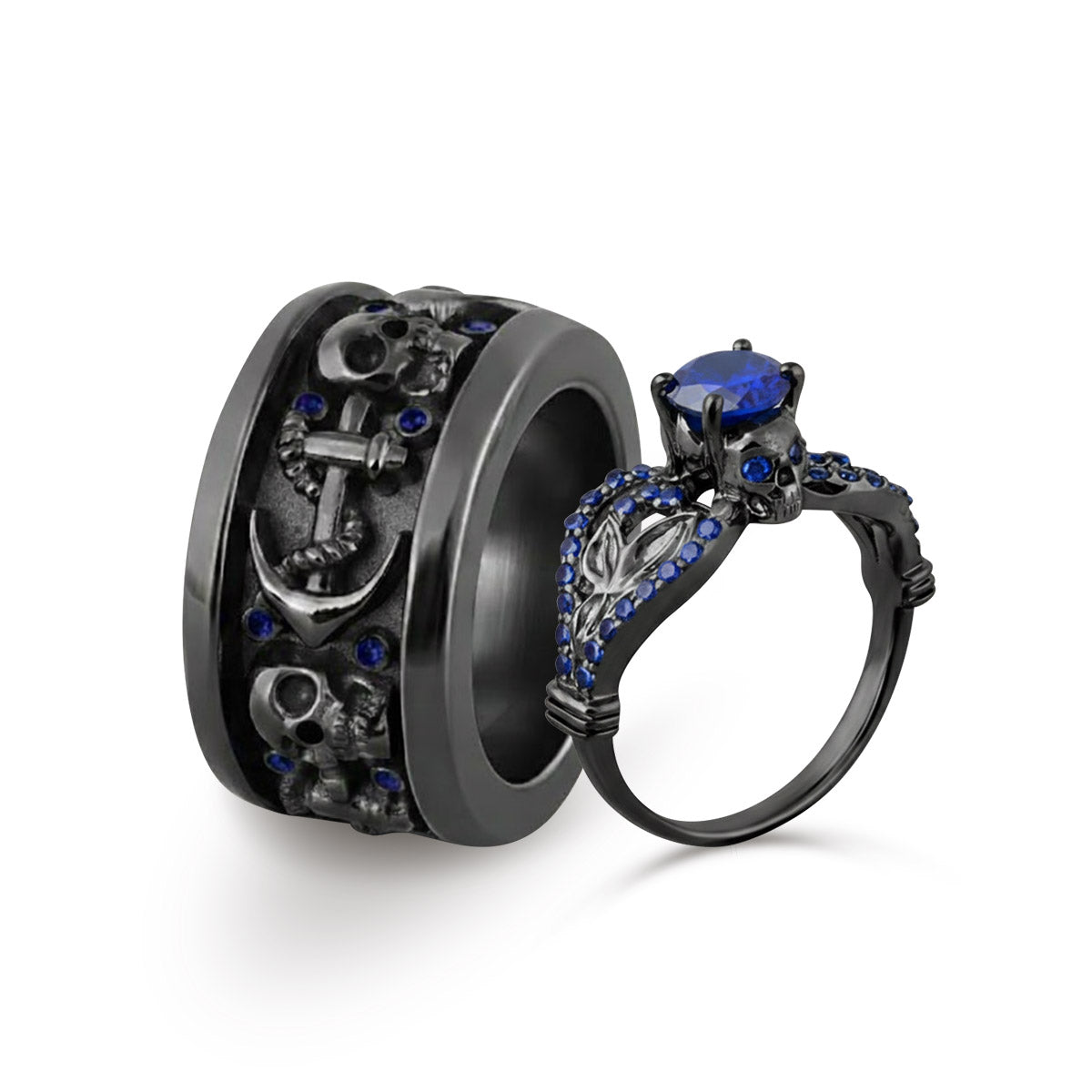 Sapphire Skull Promise Ring Set His and Her Couple Rings Silver