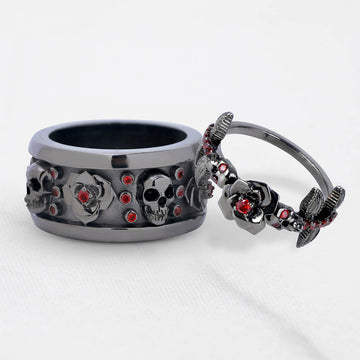 Rose and Skull Wedding Ring Set Matching Gothic Couple Rings