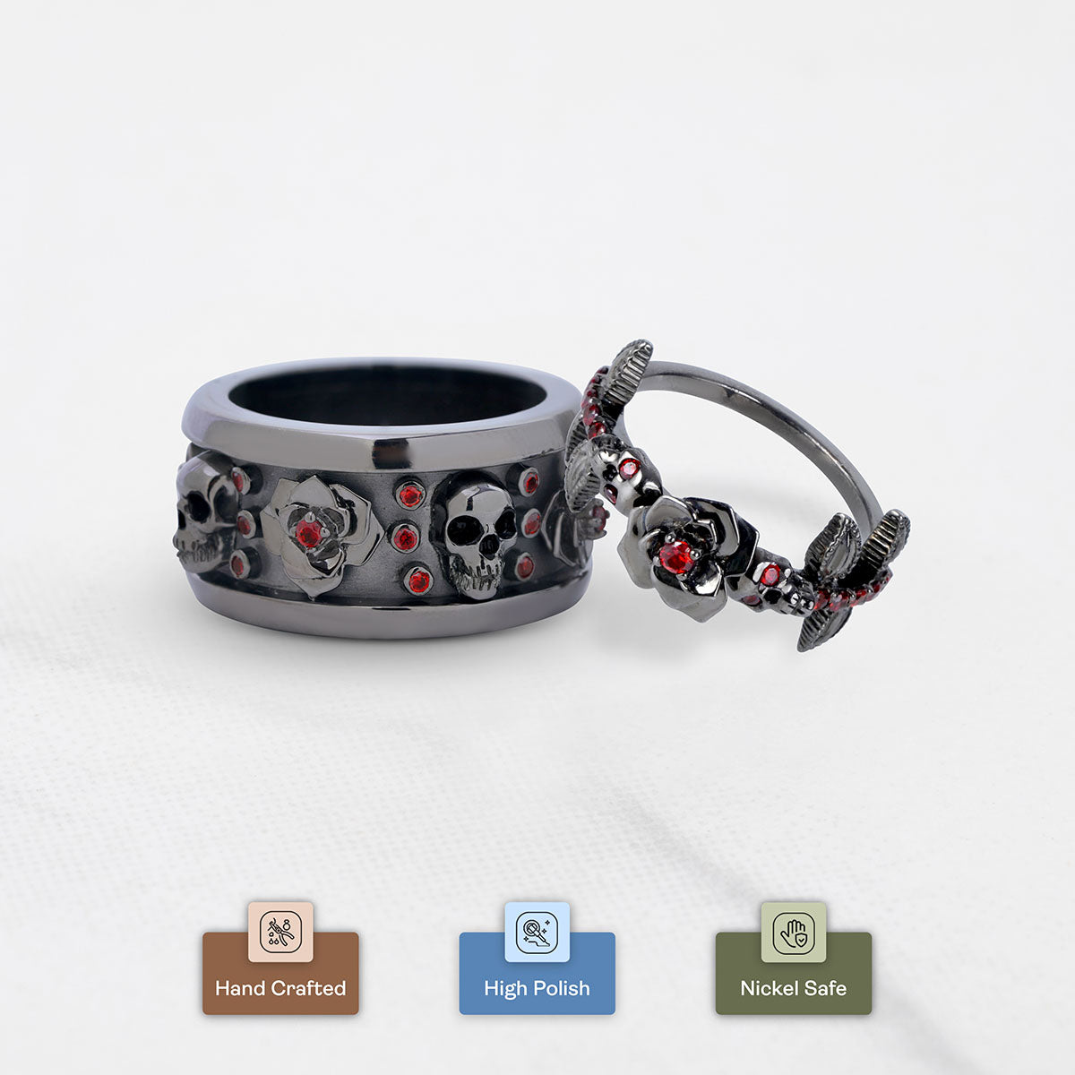 Rose and Skull Couple Rings Matching Gothic Wedding Ring Set