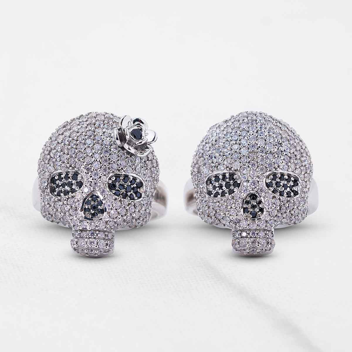Iced Out Sugar Skull Couple Rings Gothic Wedding Ring Set His and Her
