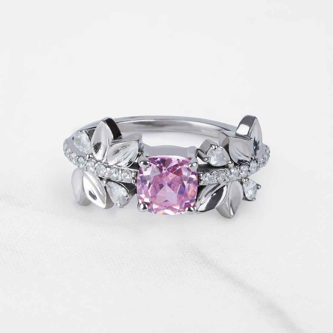 Cushion Cut Baby Pink CZ Floral Leaf Nature Inspired Promise Ring
