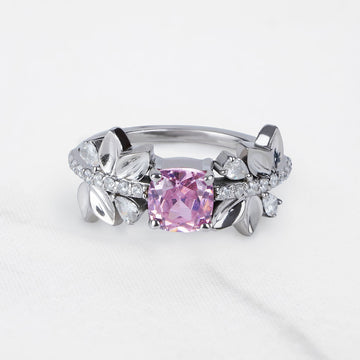 Cushion Cut Baby Pink CZ Floral Leaf Nature Inspired Promise Ring