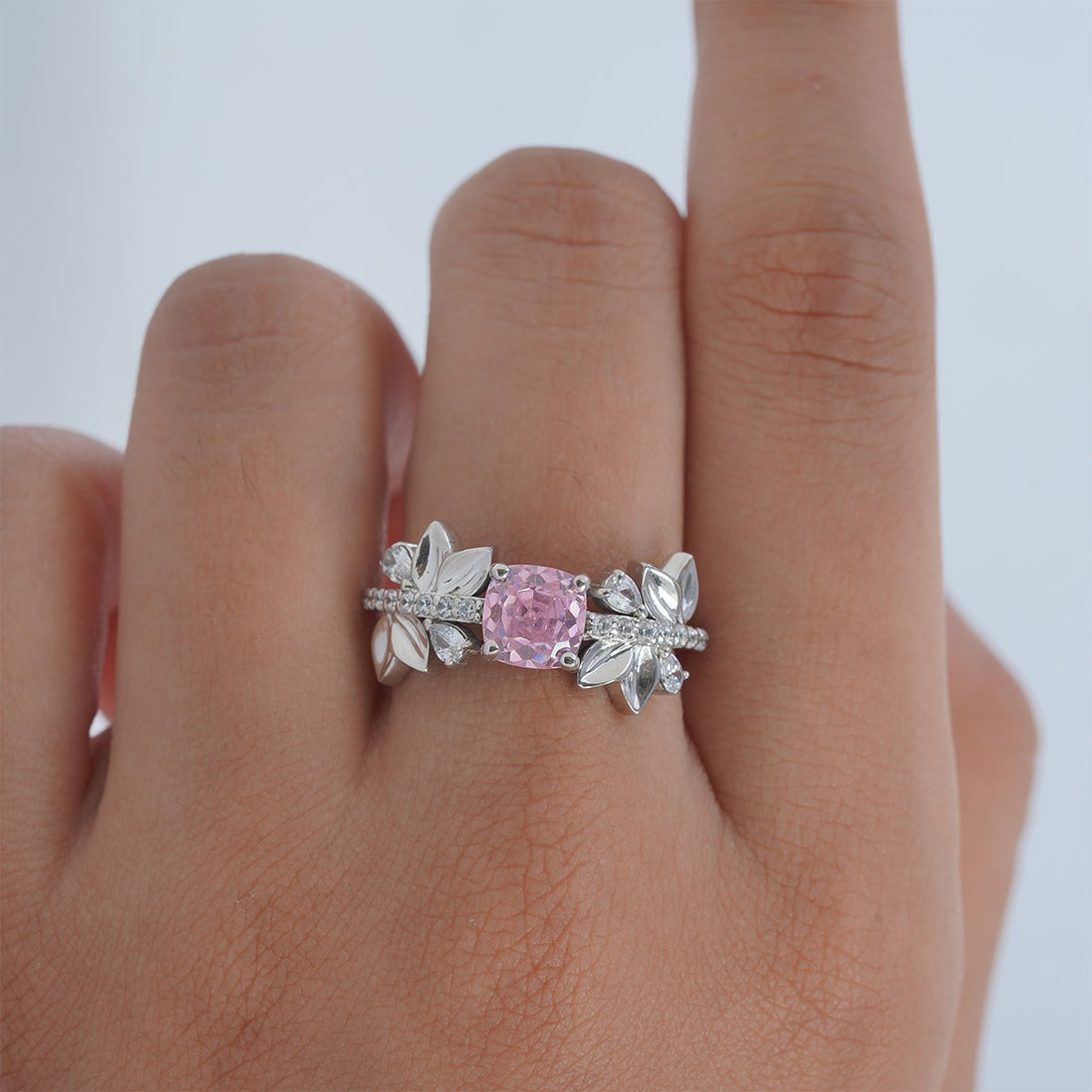 Cushion Cut Baby Pink CZ Floral Leaf Nature Inspired Promise Ring