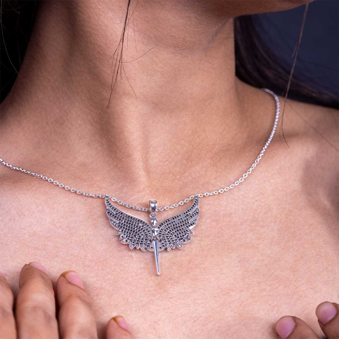 Black Moissanite Angel Necklace Archangel Wings Pendant Chain