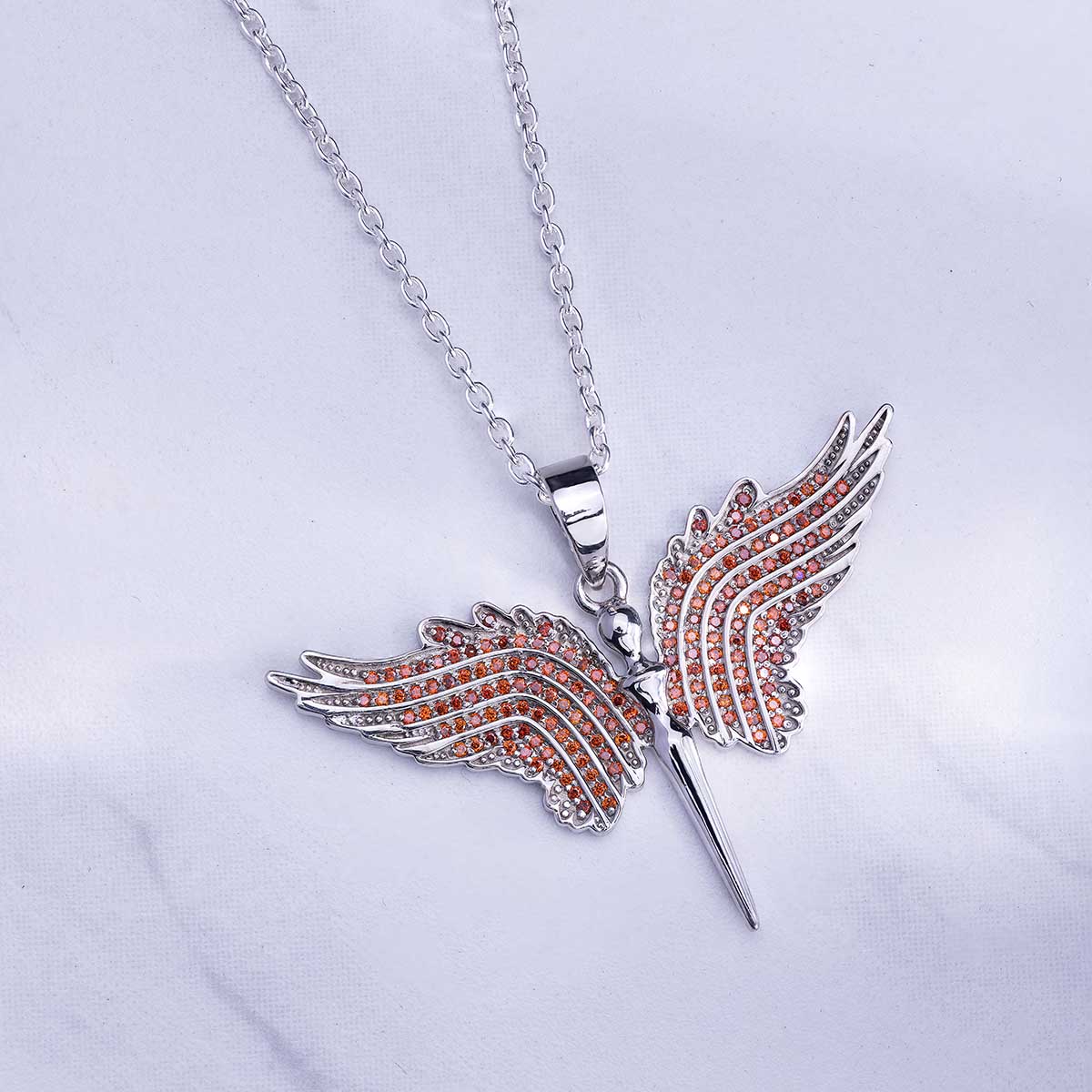 Guardian Angel Wings Pendant Necklace Red AAA CZ 925 Sterling Silver