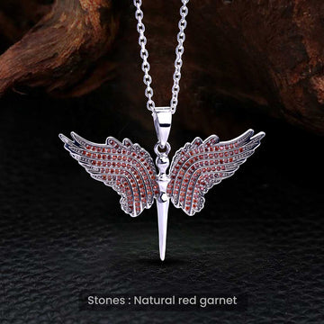 Guardian Angel Pendant Necklace with Red Natural Garnet Wings