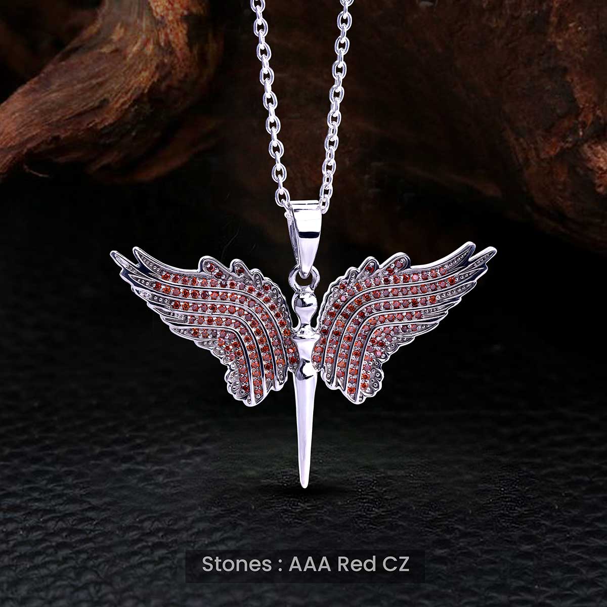 Guardian Angel Wings Pendant Necklace Red AAA CZ 925 Sterling Silver