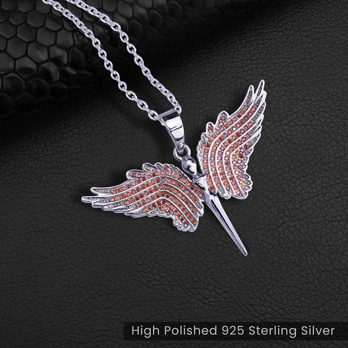 Guardian Angel Wings Pendant Necklace Red AAA CZ 925 Sterling Silver