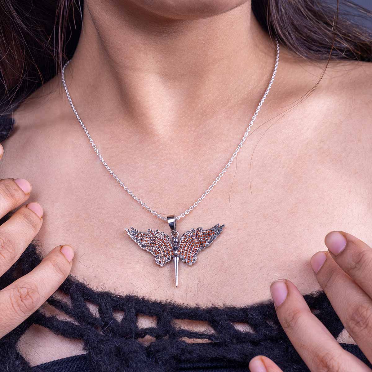 Guardian Angel Wings Pendant Necklace Red AAA CZ 925 Sterling Silver