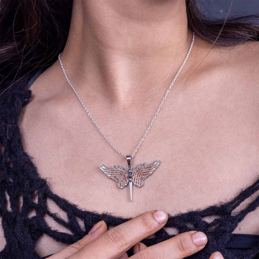 Guardian Angel Pendant Necklace with Red Natural Garnet Wings