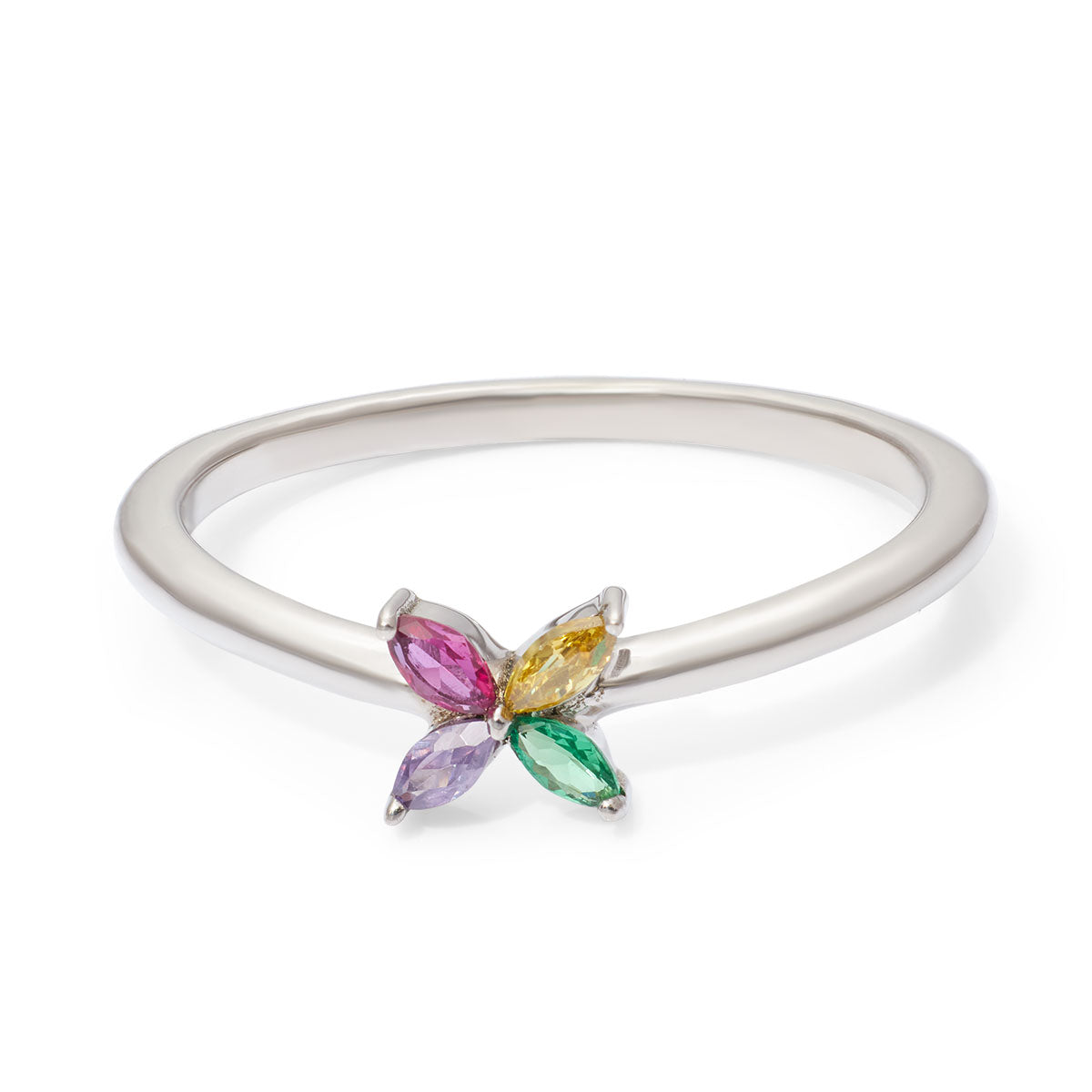Silver ring with butterfly-shaped gemstones on a white background