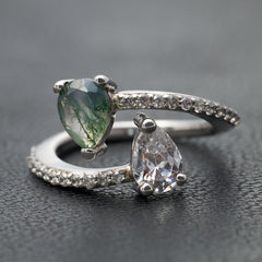 Toi Et Moi Moss Agate Engagement Ring Pear Cut 2 Stone Silver