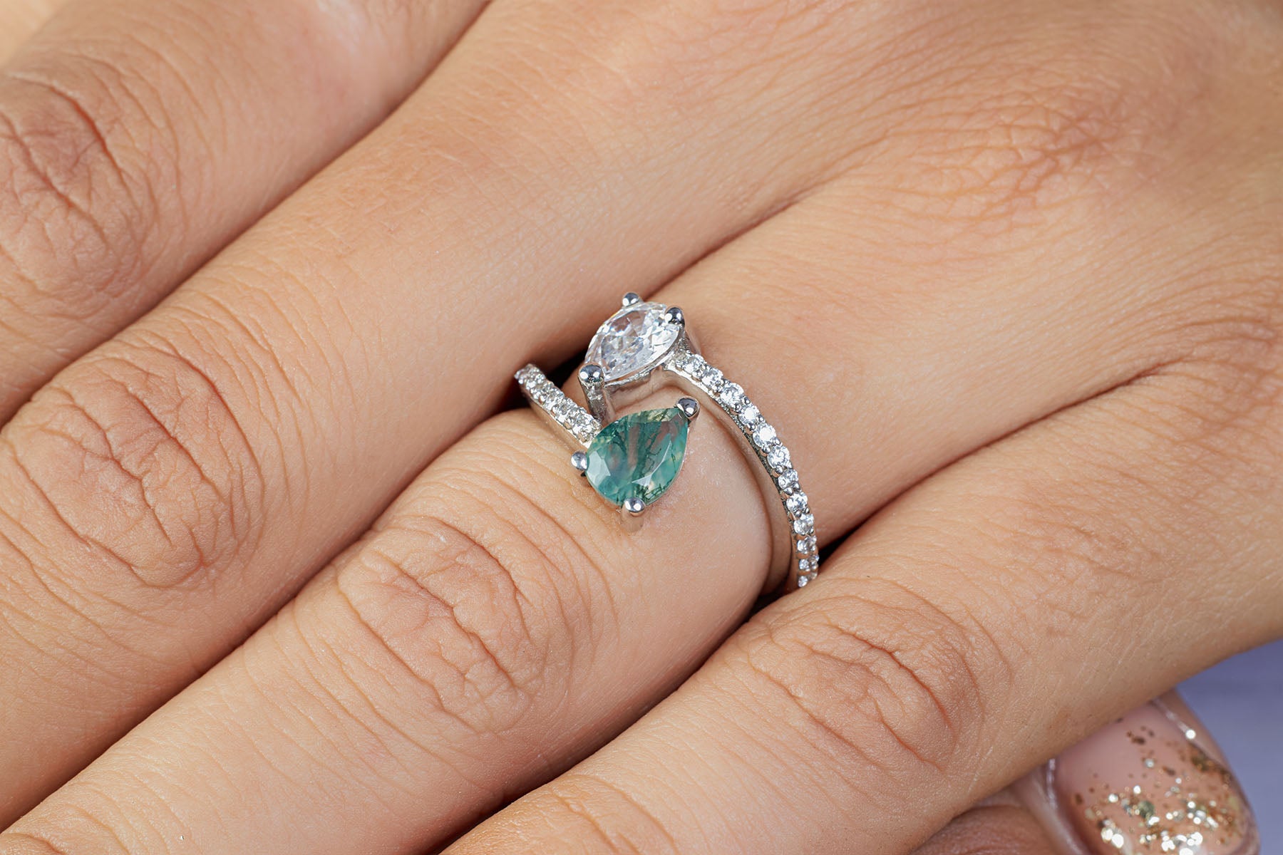 Toi Et Moi Moss Agate Engagement Ring