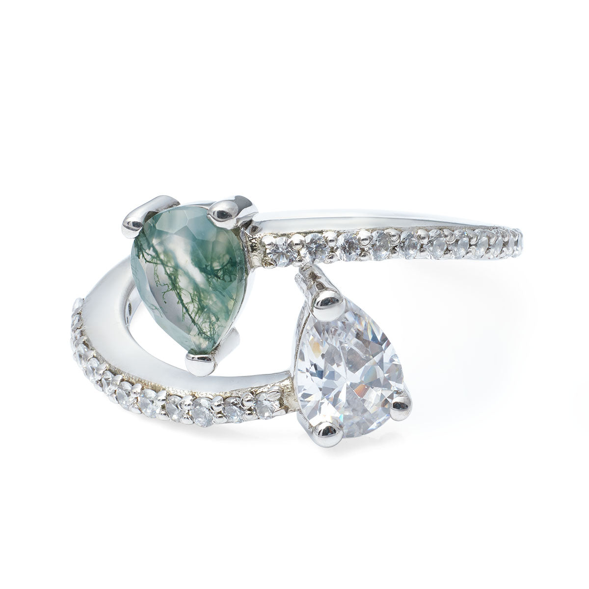 Silver ring with pear-shaped gemstones on a white background