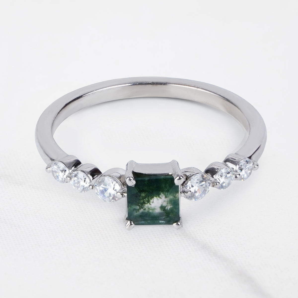Princess Cut Natural Moss Agate Ring Spiritual Engagement Ring