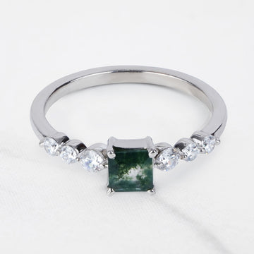 Princess Cut Natural Moss Agate Ring Spiritual Engagement Ring