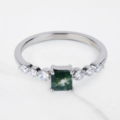 Princess Cut Natural Moss Agate Ring Spiritual Engagement Ring