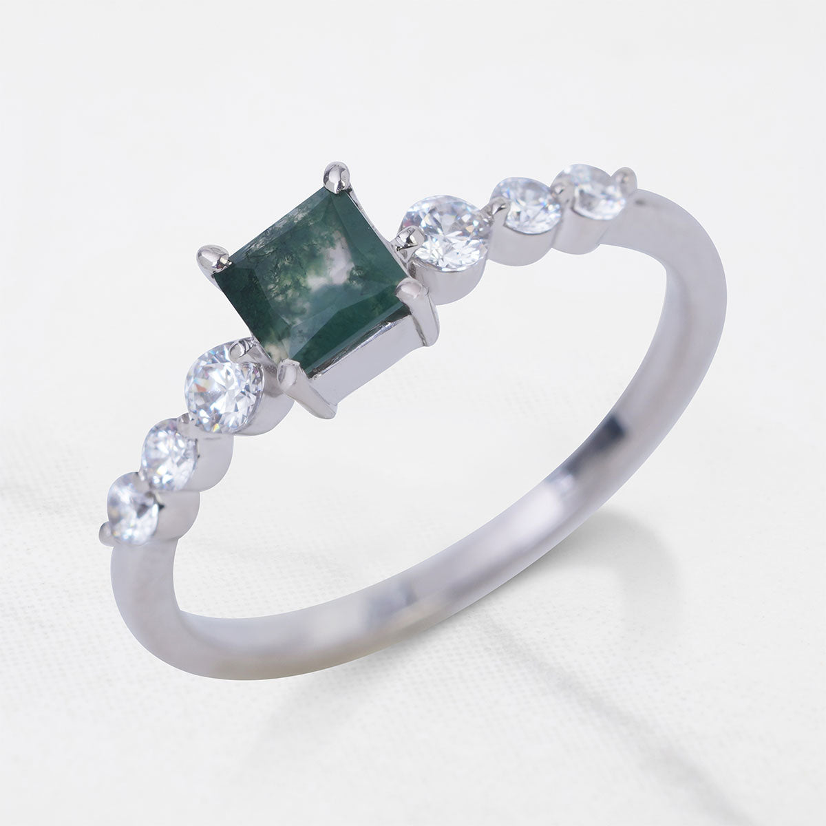 Princess Cut Natural Moss Agate Ring Spiritual Engagement Ring
