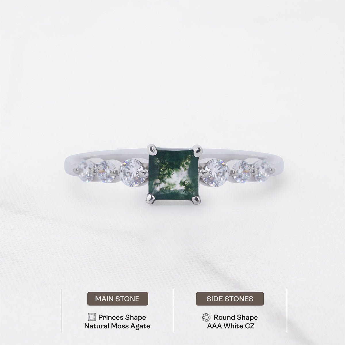 Princess Cut Natural Moss Agate Ring Spiritual Engagement Ring
