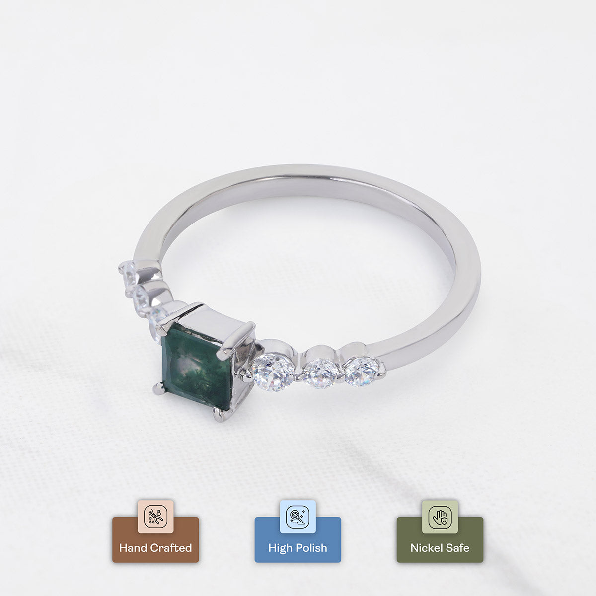 Princess Cut Natural Moss Agate Ring Spiritual Engagement Ring