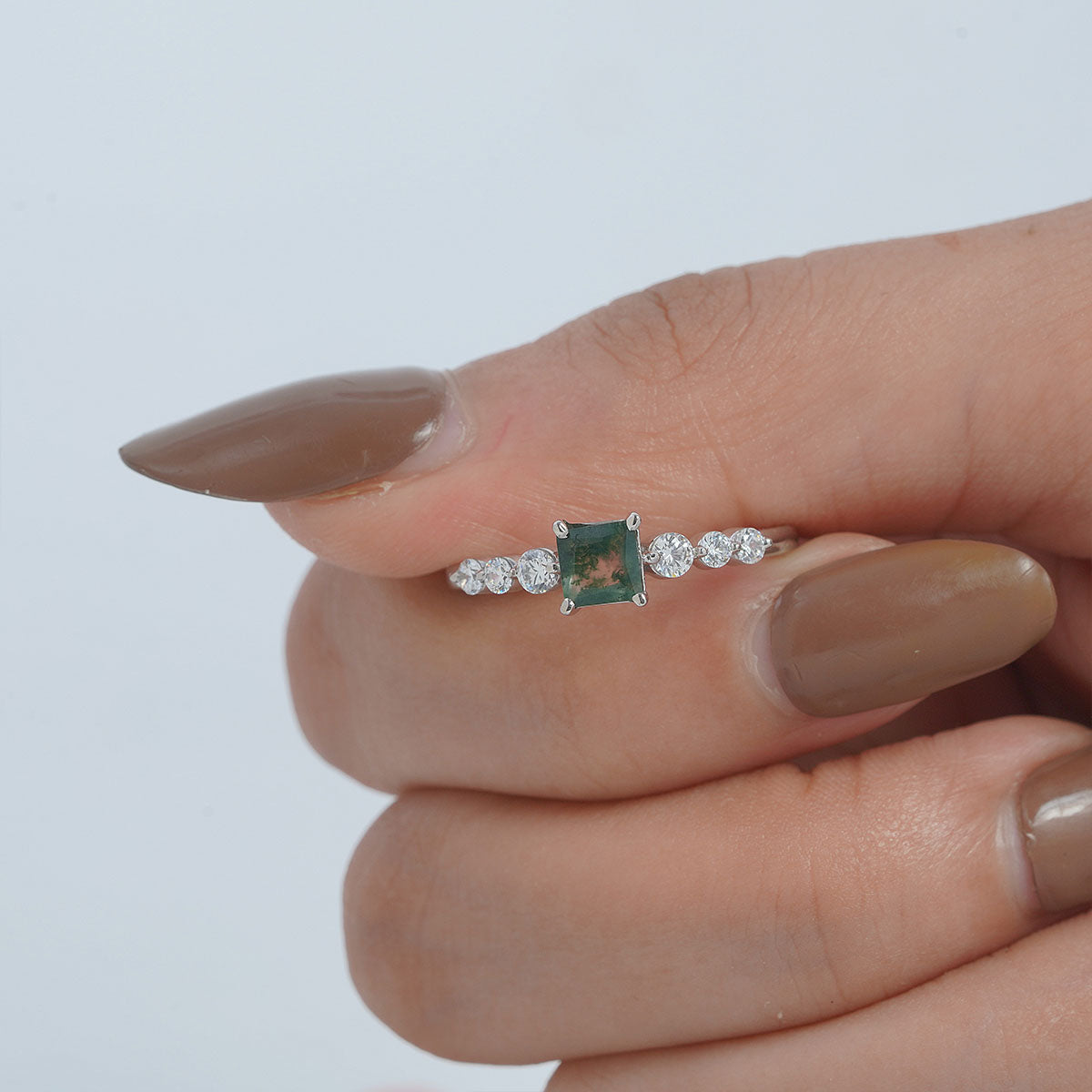Princess Cut Natural Moss Agate Ring Spiritual Engagement Ring