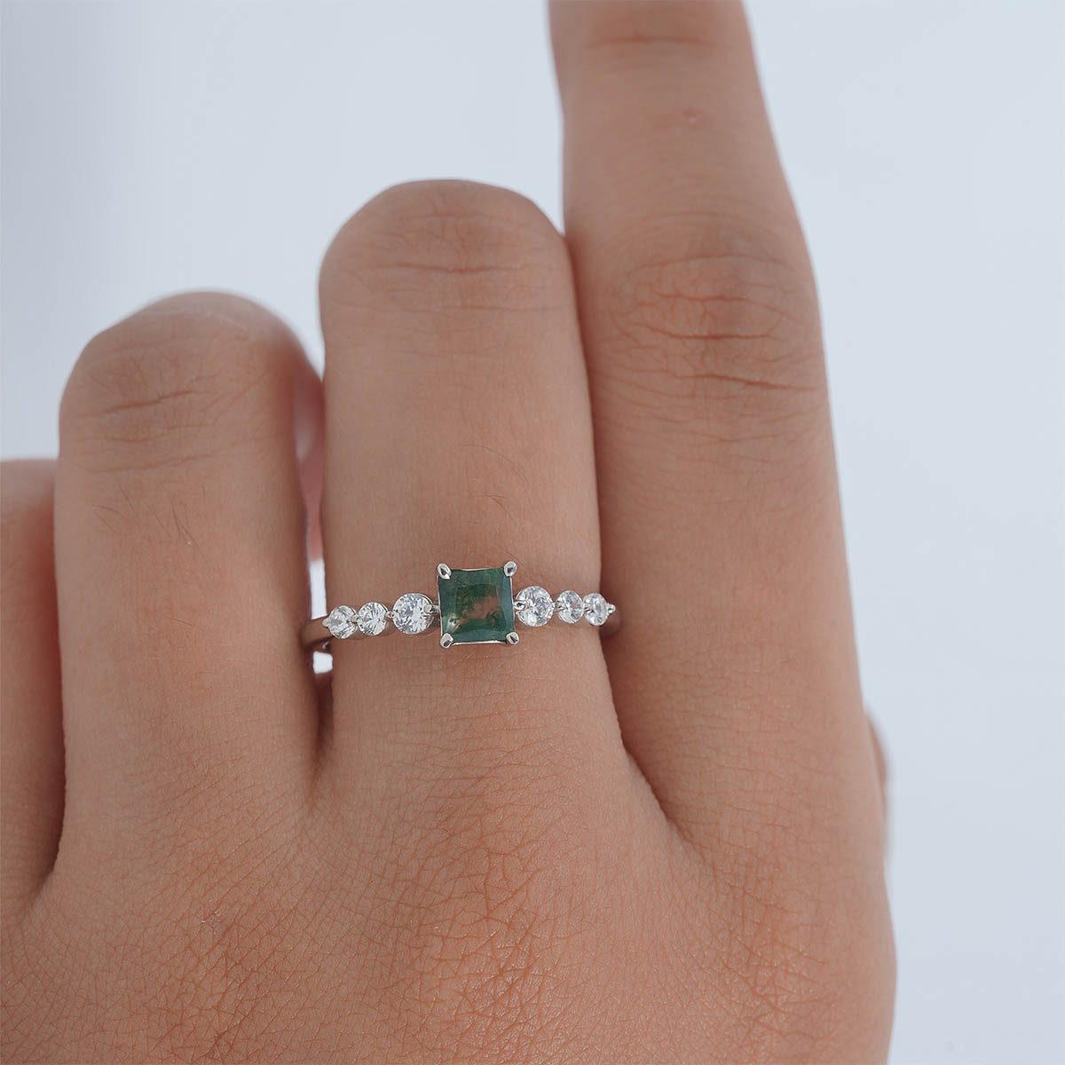 Princess Cut Natural Moss Agate Ring Spiritual Engagement Ring