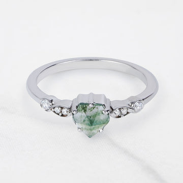 Pentagon Rose Cut Natural Moss Agate Ring Solid 14k White Gold