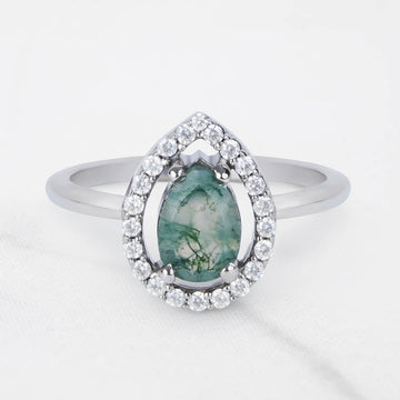 Teardrop Moss Agate Ring Nature Inspired Engagement Rings