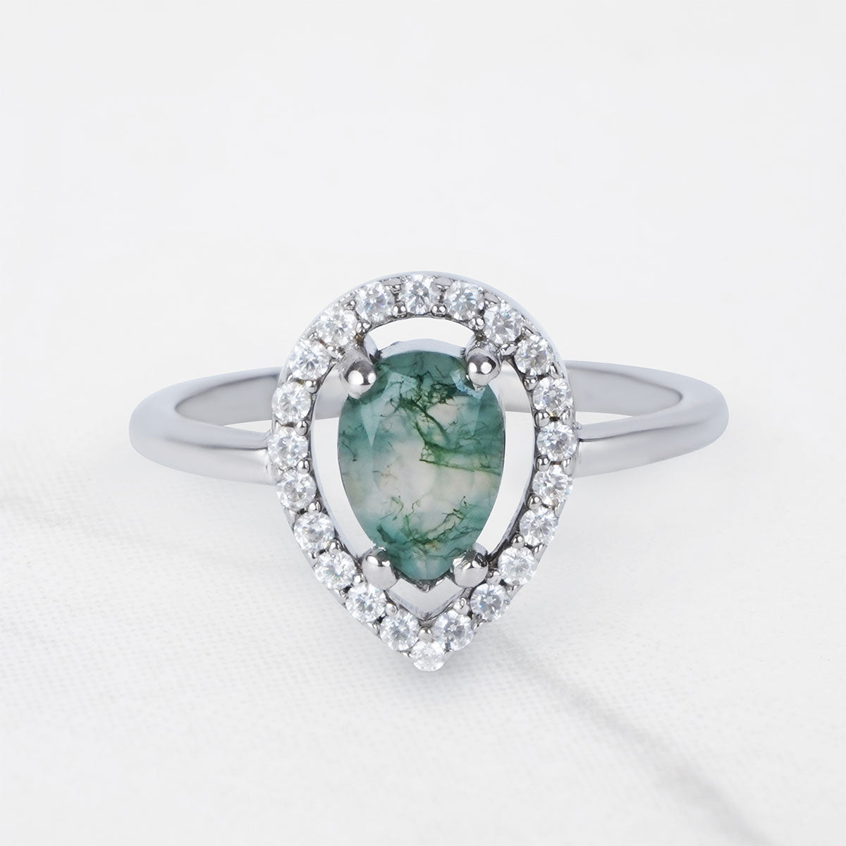 Teardrop Moss Agate Ring Nature Inspired Engagement Rings