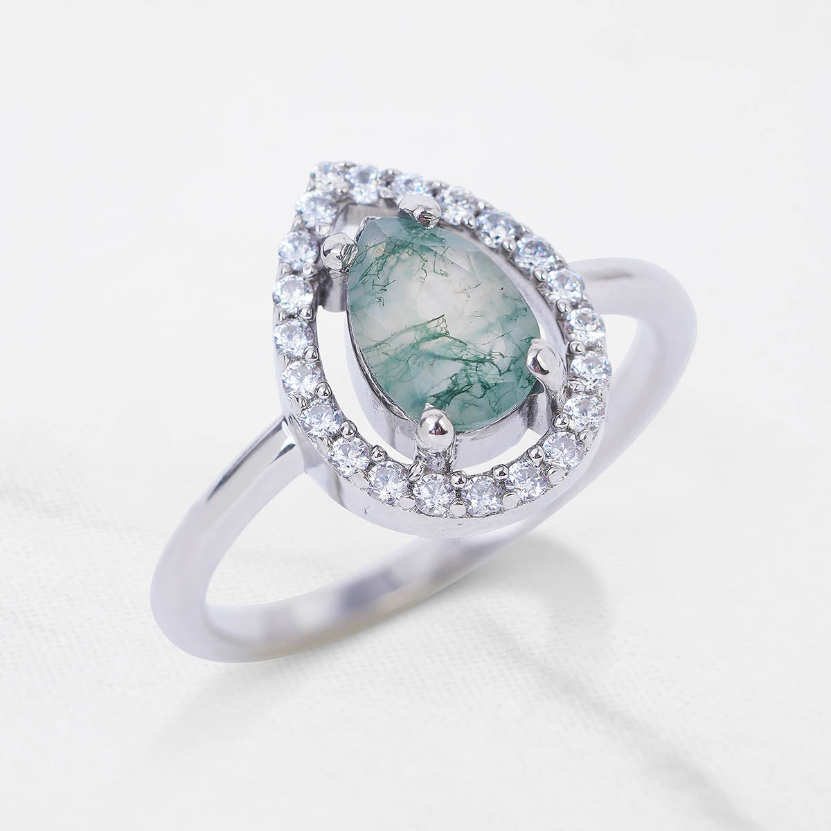Teardrop Moss Agate Ring Nature Inspired Engagement Rings