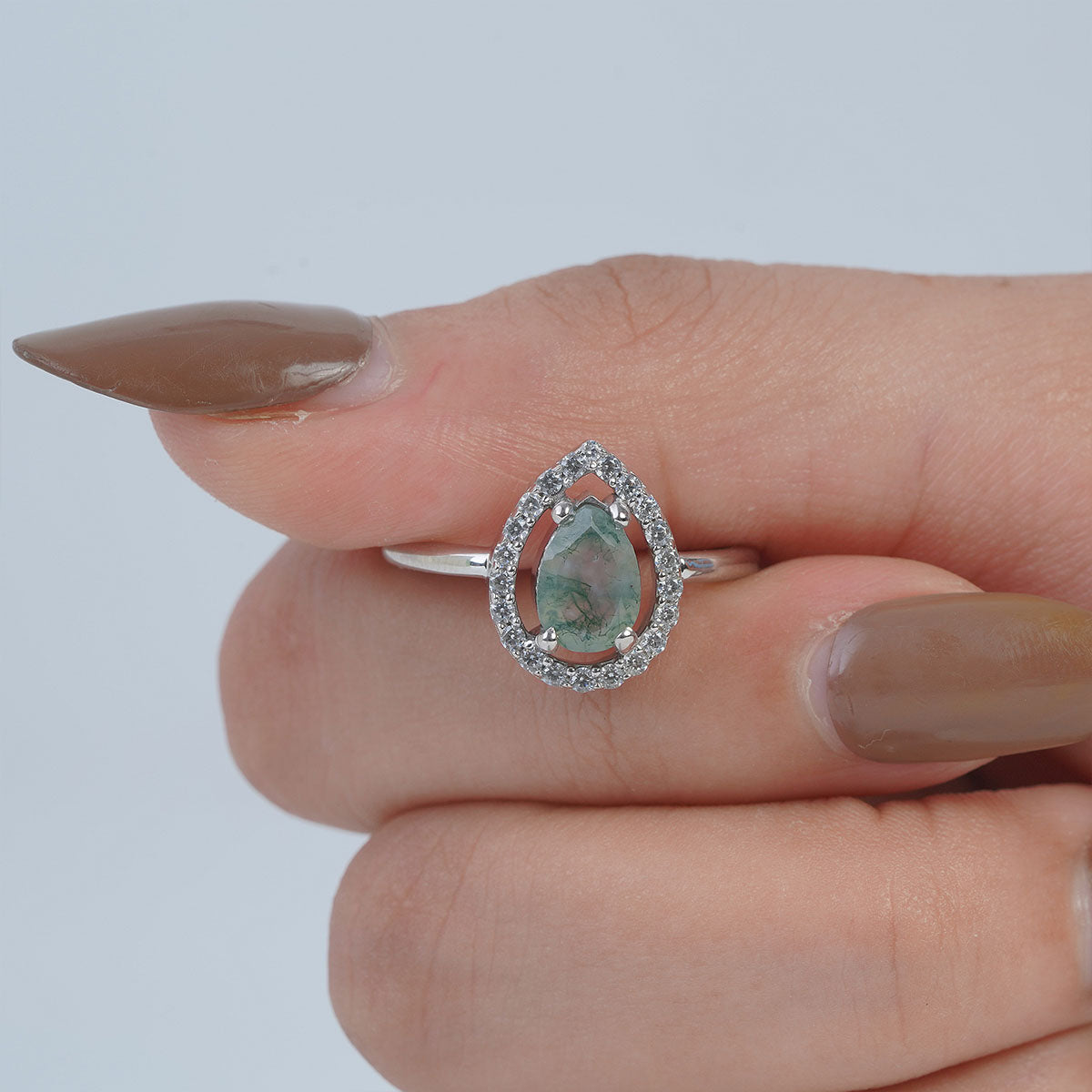 Teardrop Moss Agate Ring Nature Inspired Engagement Rings