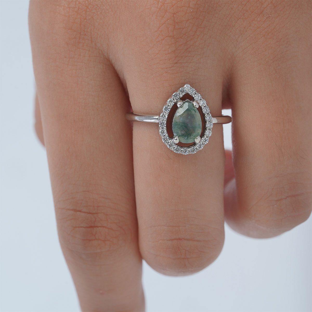 Teardrop Moss Agate Ring Nature Inspired Engagement Rings