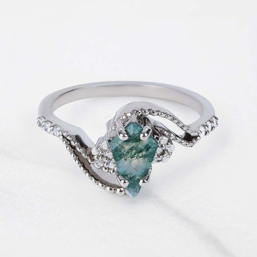 Kite Cut Moss Agate Engagement Ring Art Deco Vintage Jewelry