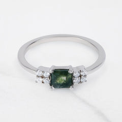 Emerald Cut Moss Agate Ring Healing Gemstone Promise Ring