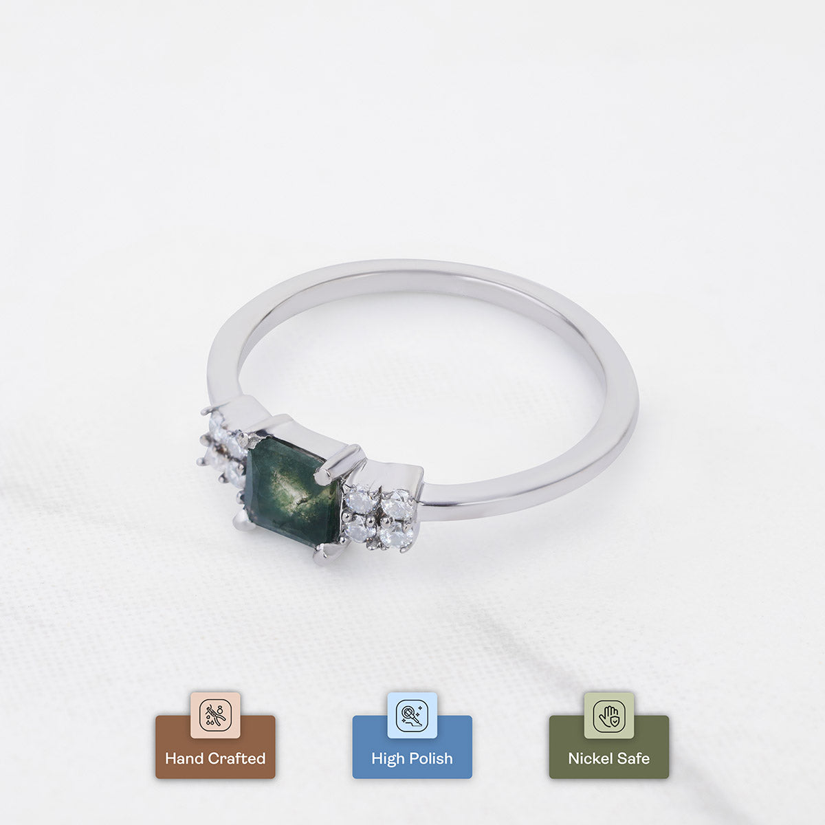 Emerald Cut Moss Agate Ring Healing Gemstone Promise Ring