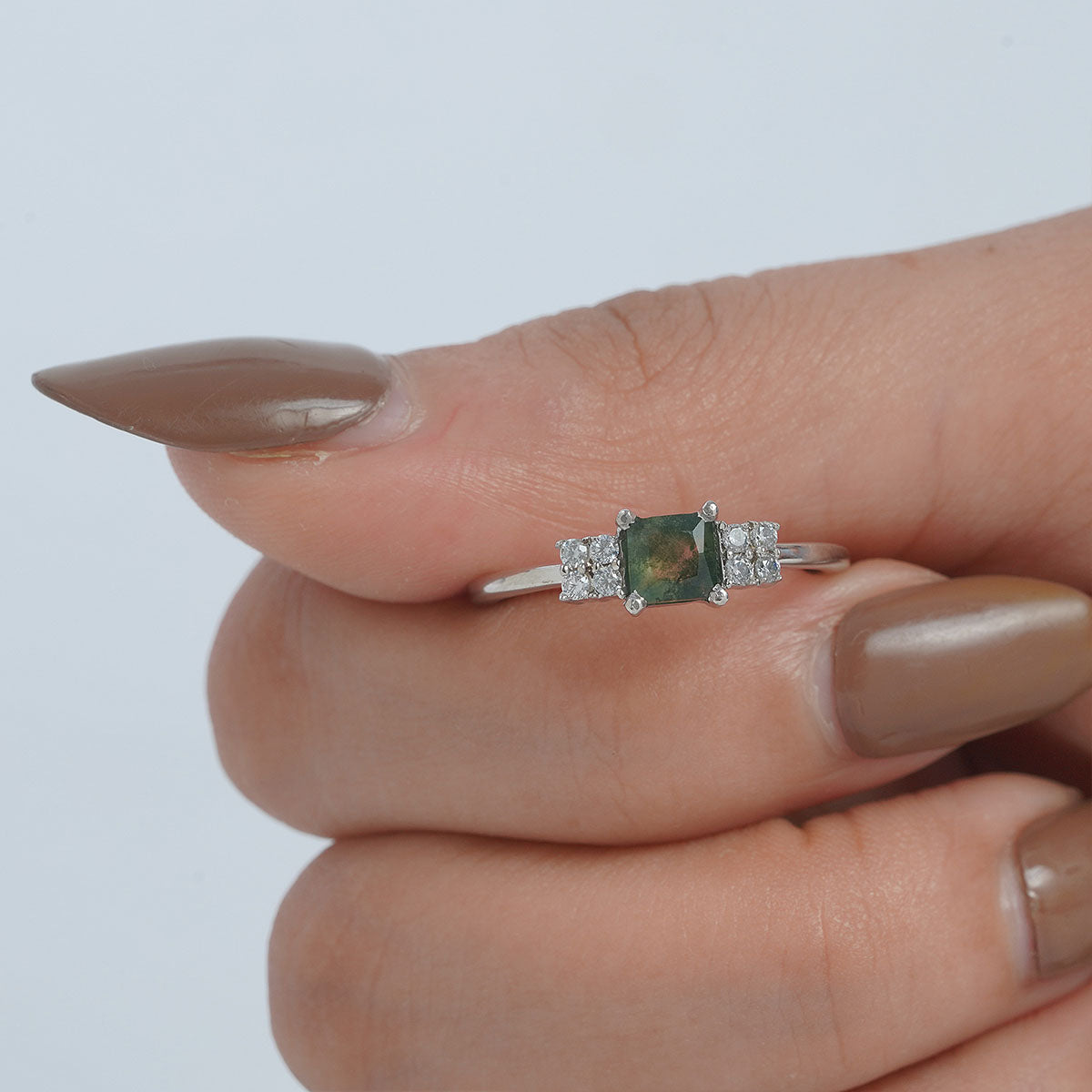 Emerald Cut Moss Agate Ring Healing Gemstone Promise Ring